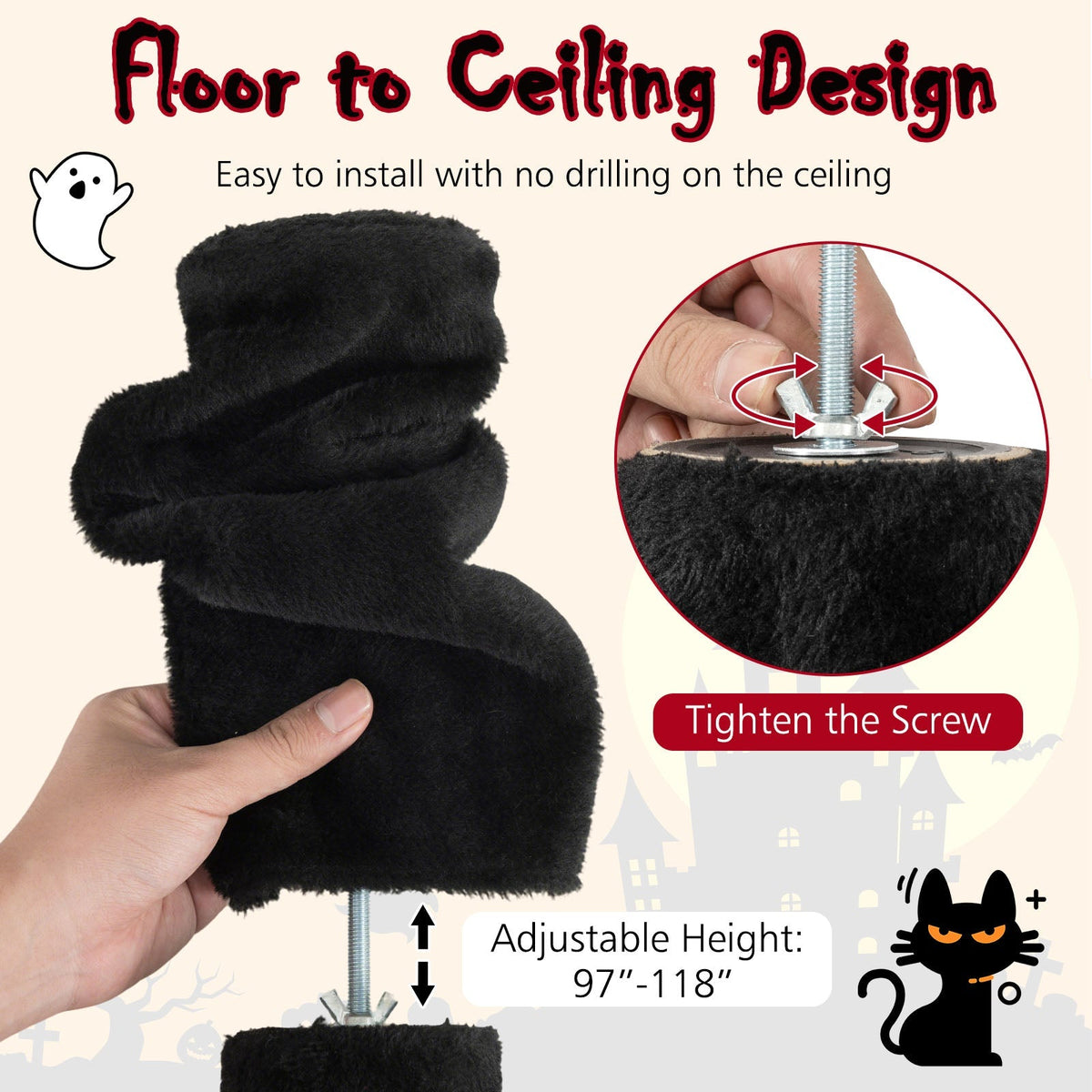Floor to Ceiling Gothic Cat Tree 97-118 Inches Adjustable 5-Tier with Condo-Black