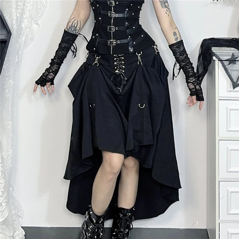 Goth Streetwear Gothic Skirt Women Harajuku Emo Alternative Grunge High Waist Bandage A-line Skirts Y2k E-girl Indie Clothes