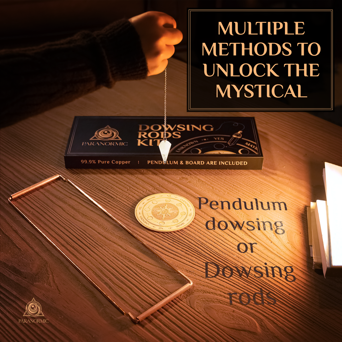 PARANORMIC Dowsing Rods Kit – 99.9% Pure Copper, Quartz Pendulum &amp; Wooden Board