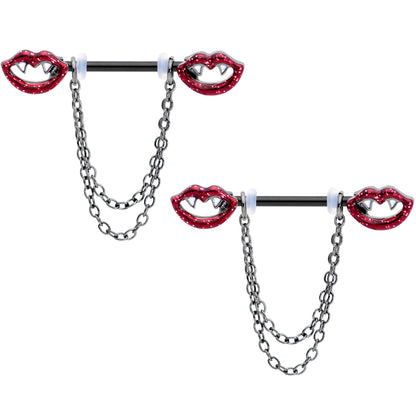 14G 5/8 Black Vampire Kiss Chain Dangle Barbell Nipple Ring Set