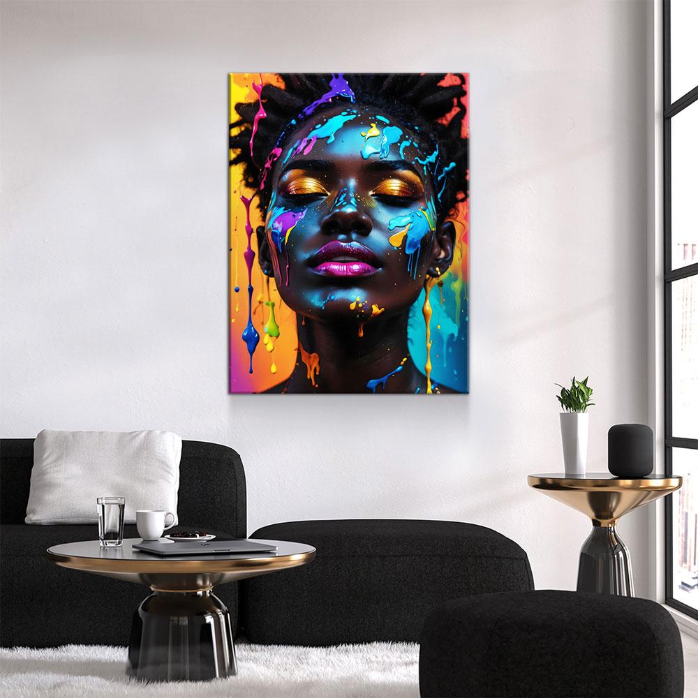 Black Girl With Paint Splatter Canvas Wall Art, African American Fashion Print, Beautiful Woman Print, Fashion Paint Makeup, Salon Decor