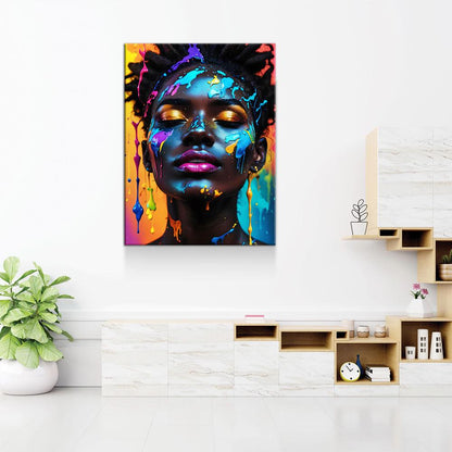 Black Girl With Paint Splatter Canvas Wall Art, African American Fashion Print, Beautiful Woman Print, Fashion Paint Makeup, Salon Decor