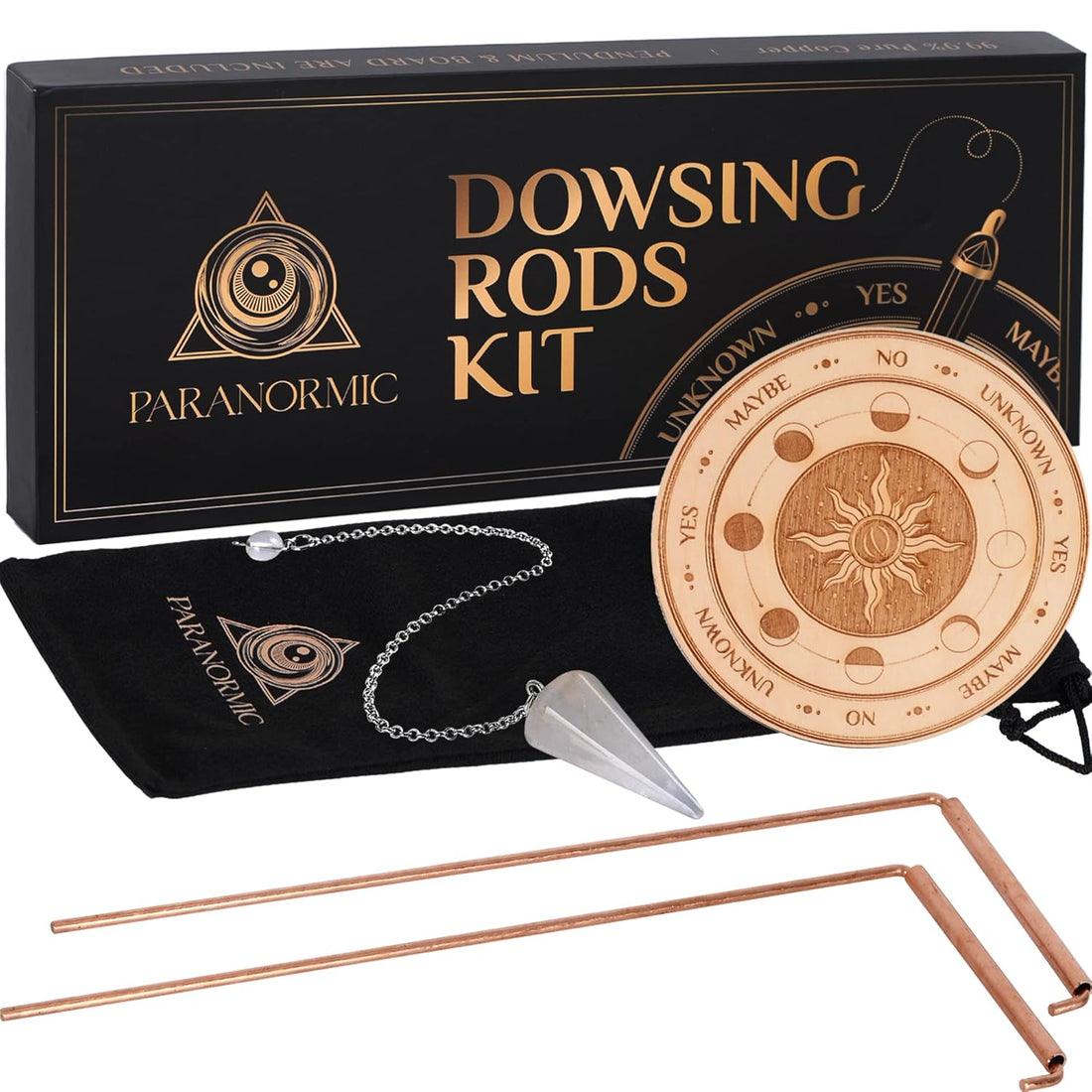 PARANORMIC Dowsing Rods Kit – 99.9% Pure Copper, Quartz Pendulum &amp; Wooden Board