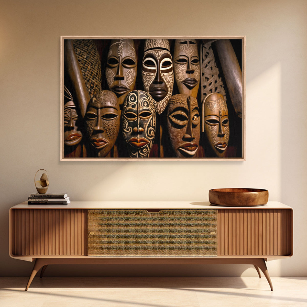 African Traditional Masks Framed Canvas Wall Art | Canvas Print Decor for Home &amp; Office Decoration I Ready To Hang Canvas Print