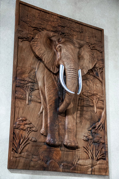Majestic African Elephant 3D Relief Wood Wall Art
