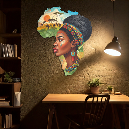 African Woman in Map Metal Wall Art – Cultural UV Printed Decor-KAFUVM012