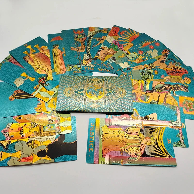 New Gold Tarot Cards Beautiful Waterproof Deck Mystery Board Game Colorful Divination Oracle With Gift Box