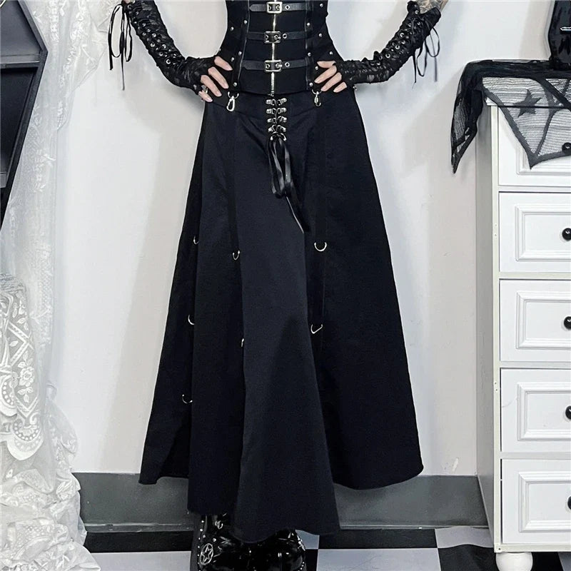 Goth Streetwear Gothic Skirt Women Harajuku Emo Alternative Grunge High Waist Bandage A-line Skirts Y2k E-girl Indie Clothes