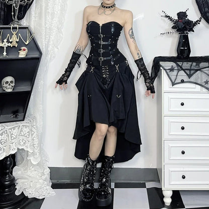 Goth Streetwear Gothic Skirt Women Harajuku Emo Alternative Grunge High Waist Bandage A-line Skirts Y2k E-girl Indie Clothes