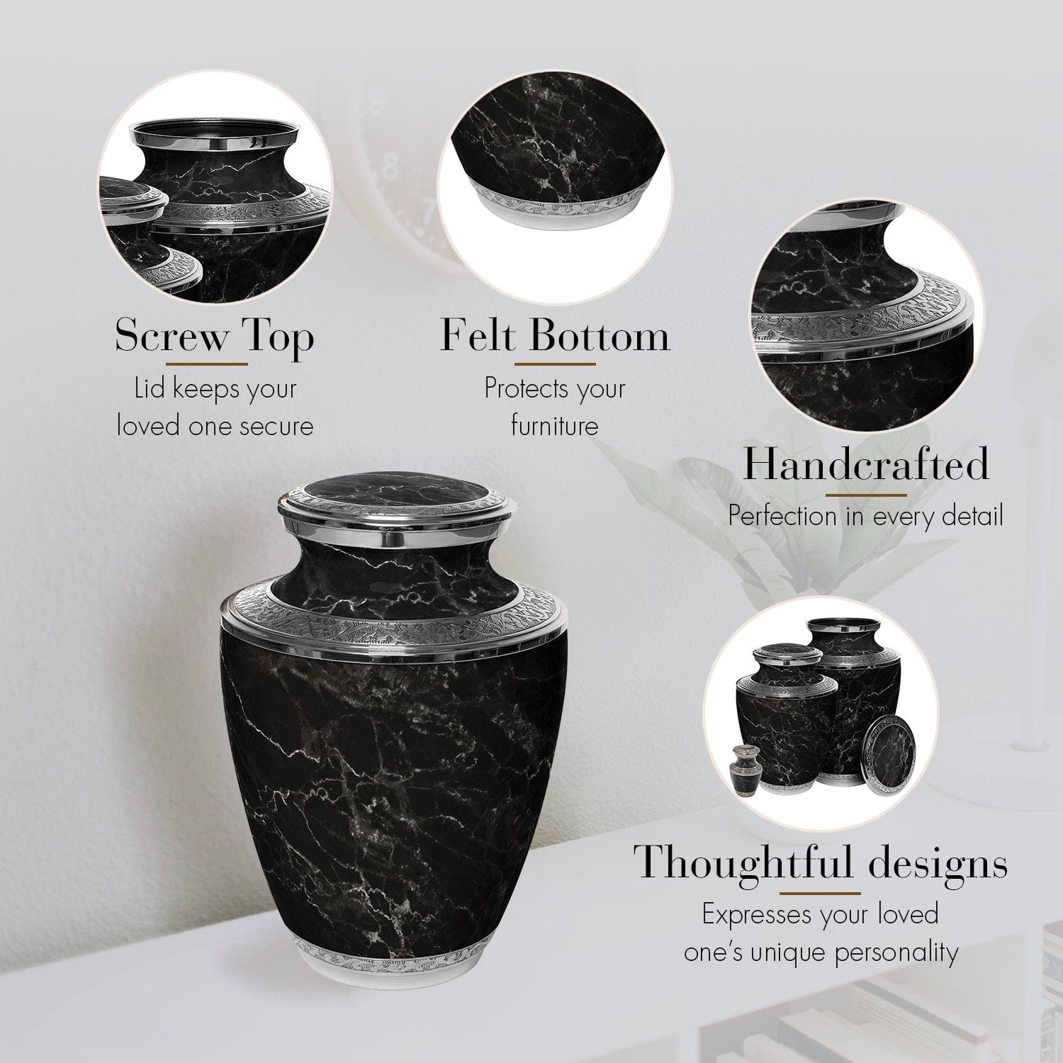 Marble Elegance Black Extra Large Urn or Companion Urn – Extra Large Urns for Human Ashes | XL Urn & XXL Urn
