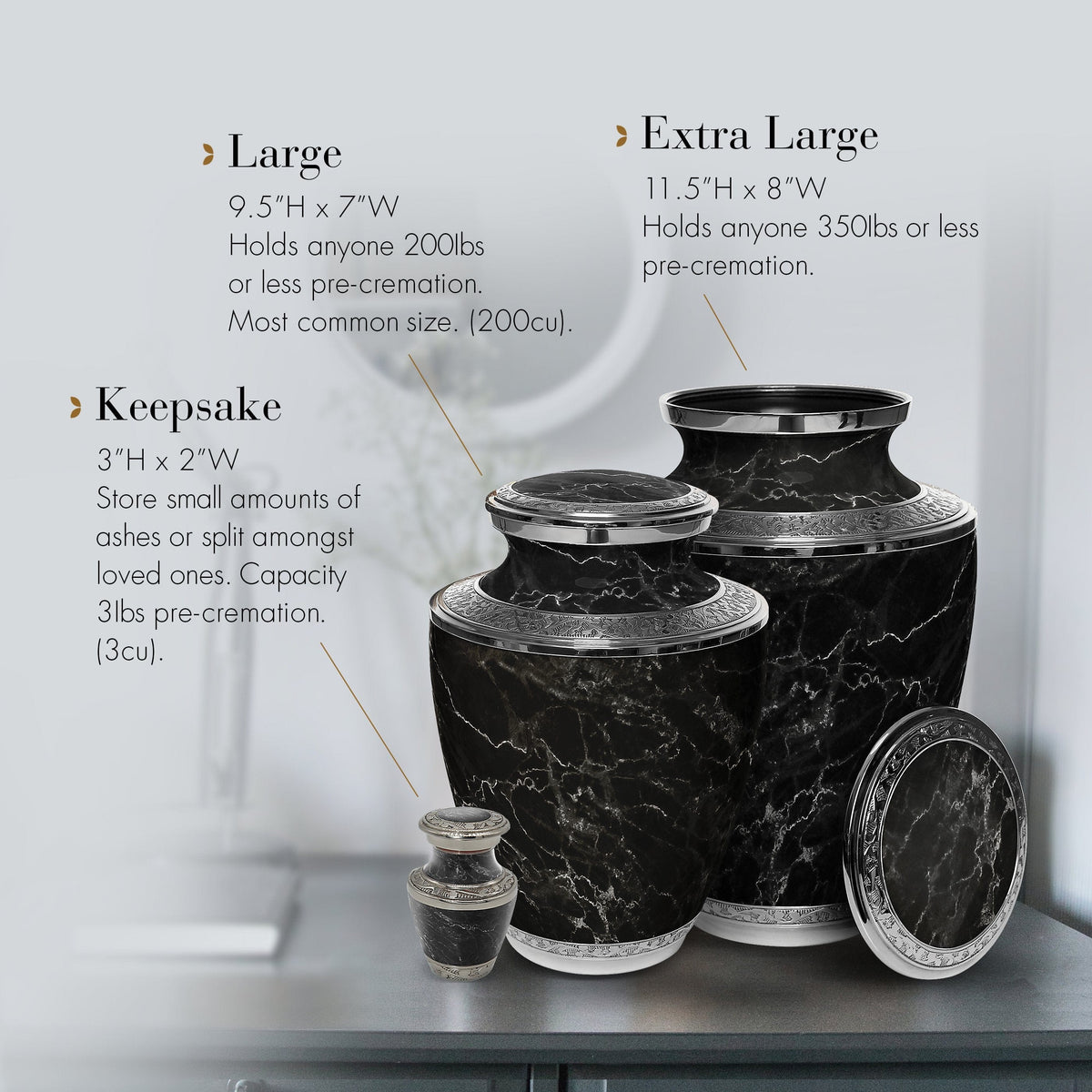 Marble Elegance Black Extra Large Urn or Companion Urn – Extra Large Urns for Human Ashes | XL Urn &amp; XXL Urn