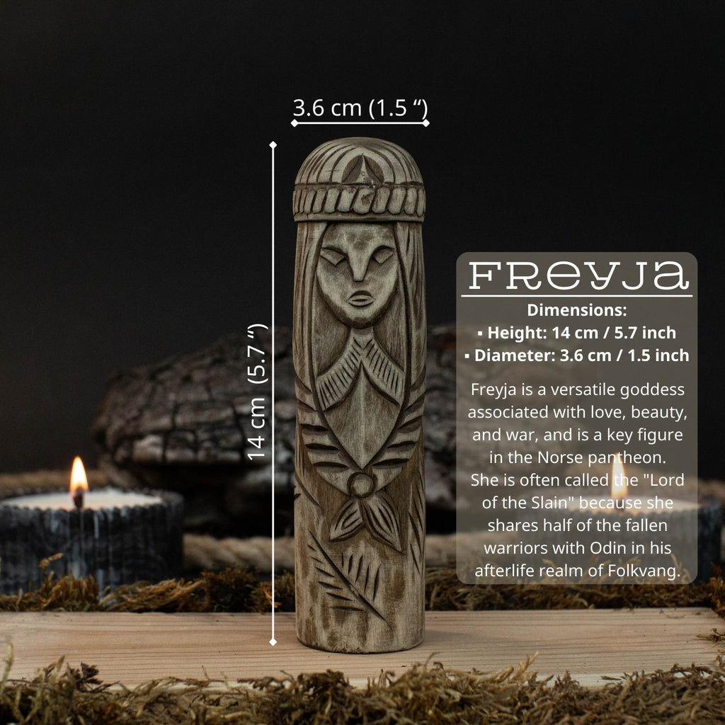 Hand-Carved Freyja Statue – 14 cm (5.7 inch) Wooden Norse Goddess Altar Figurine