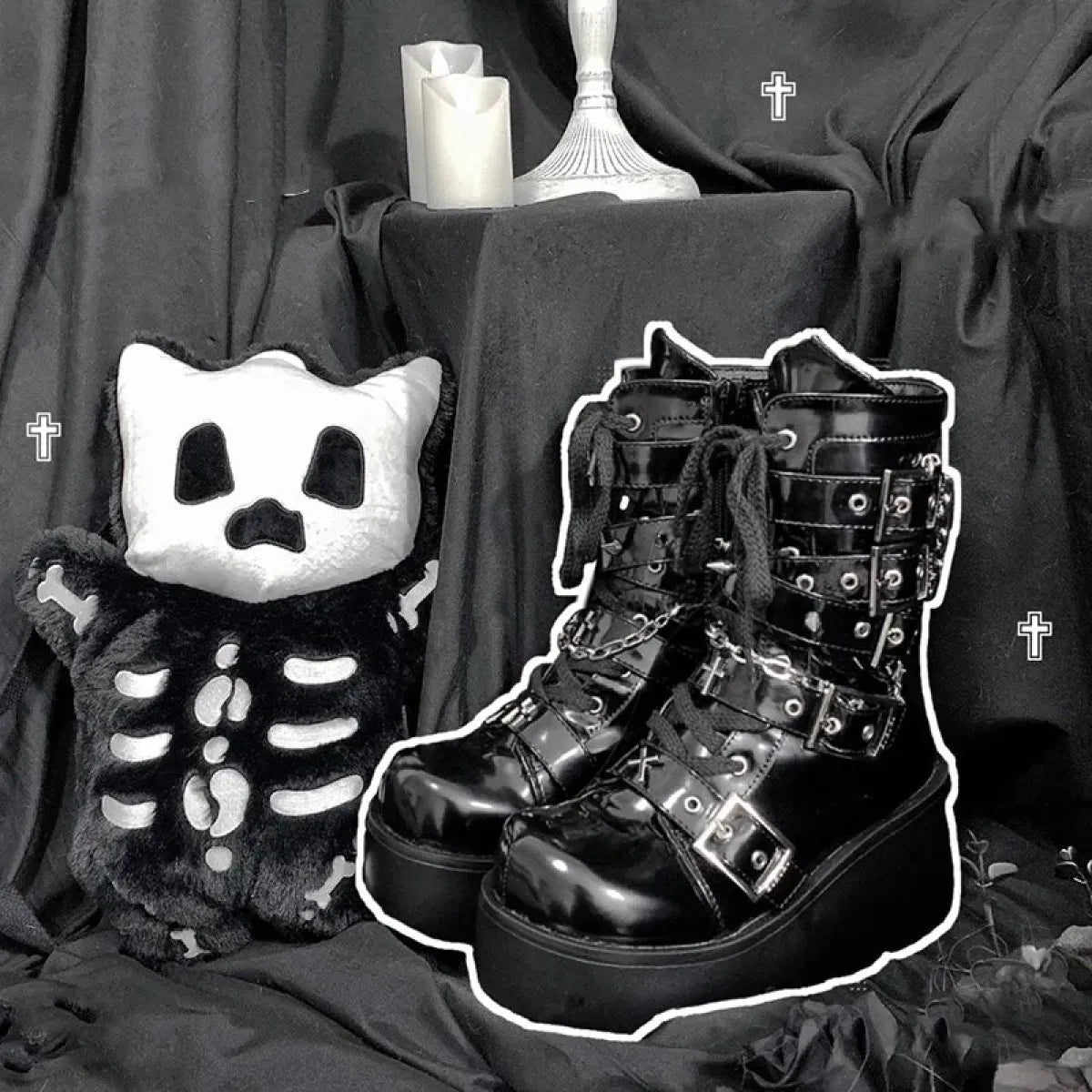 Metal Chain Patent Leather Ankle Boots - Chunky Platform Gothic Boots