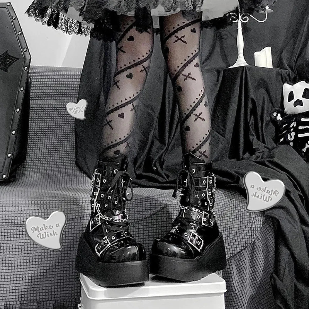 Metal Chain Patent Leather Ankle Boots - Chunky Platform Gothic Boots